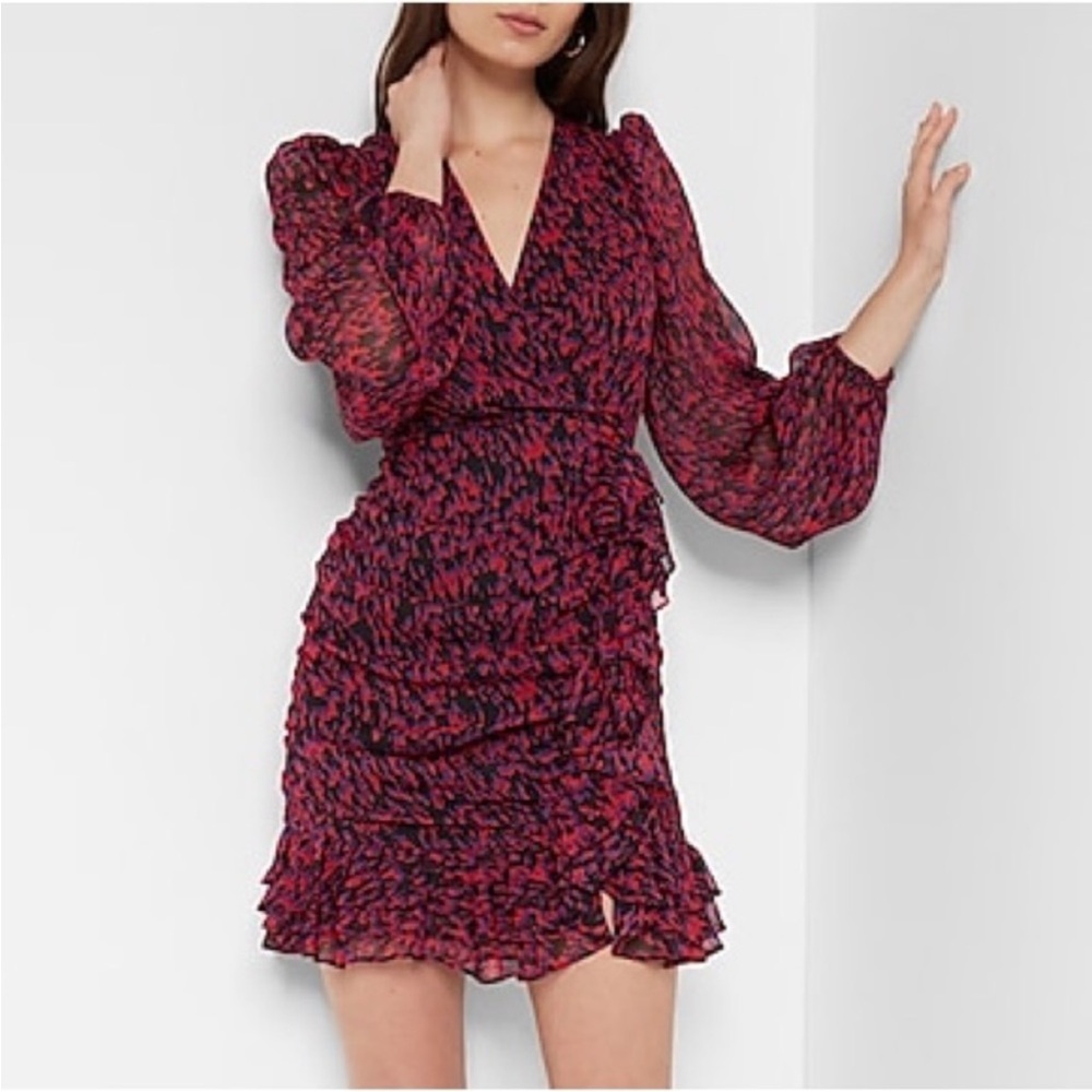 Express Abstract Print Wrap Ruffle Mini Dress - image 1